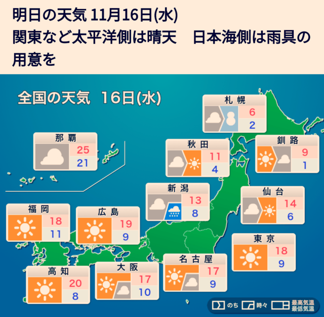 明日11/16のお天気は…