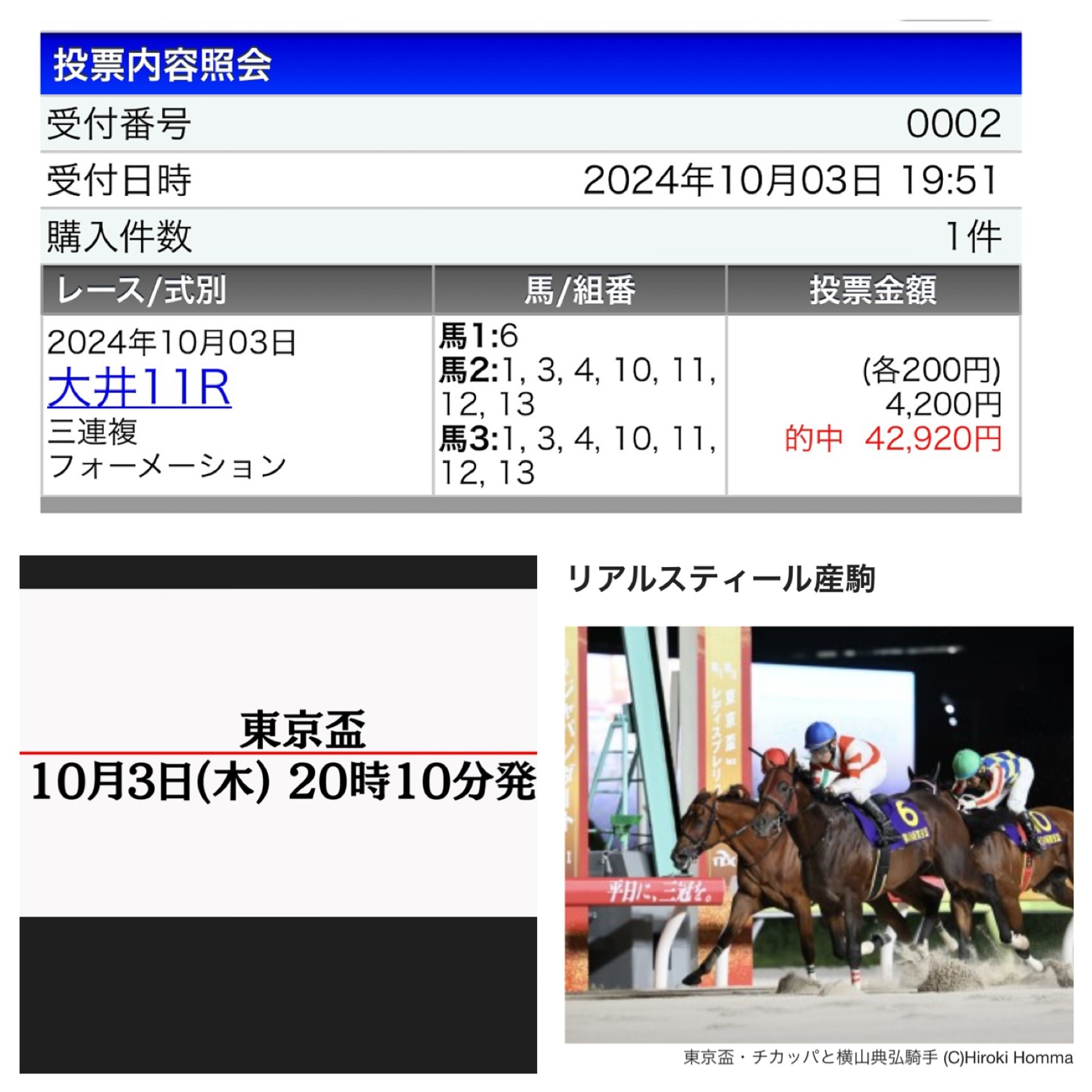 龍神様・降臨　三連複的中感謝